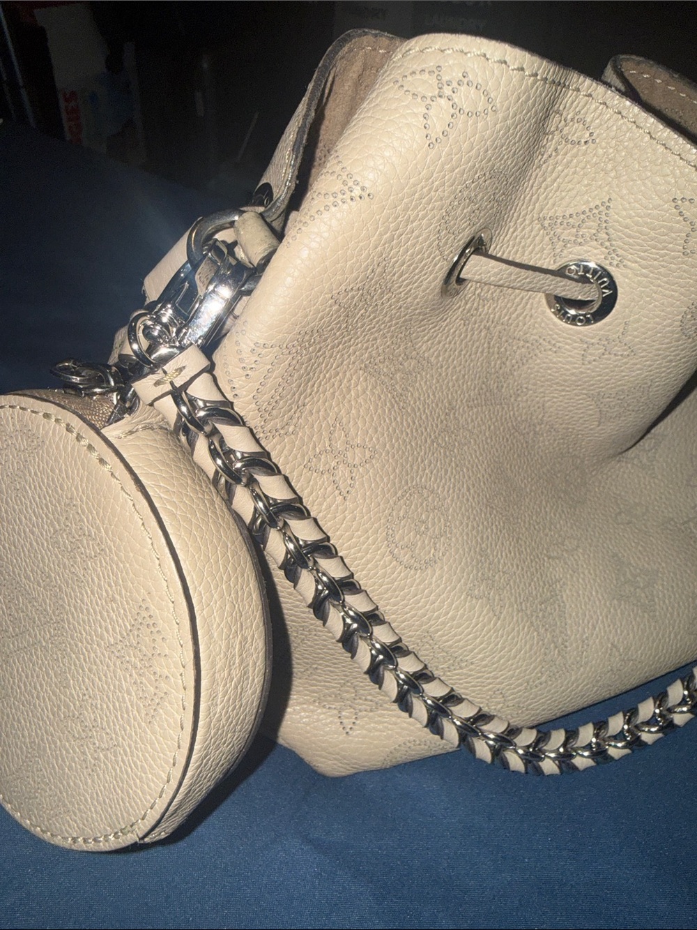 Louis Vuitton Bella Mahina Leather Bucket Bag Greige - gently used